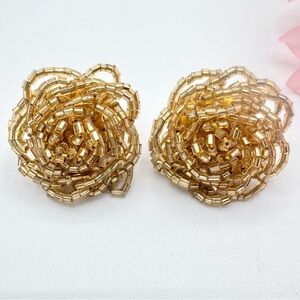 Vintage Flower Gold Tone Glass Seed Bugle Bead Cluster Earrings Big Statement